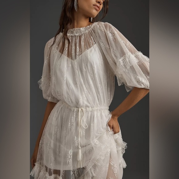 NEW Lace Dress Anthropologie Sheer White Let Me Be Short Sleeve Ruffle Maxi - Picture 3 of 11